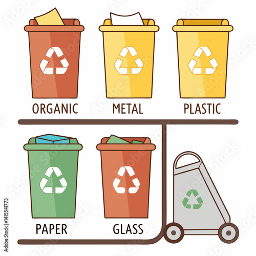 Cartoon recycling bins, color-coded waste containers, recycling symbols