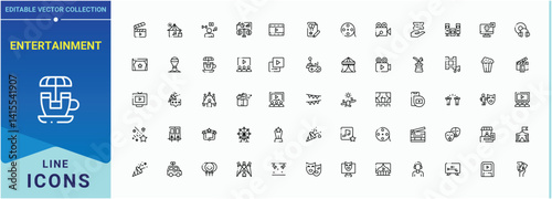 Entertainment icon set in linear style. Included celebrate, event, festival, activity, party, travel and more. Collection of simple line web icons. Holiday icon set. Editable vector stroke.