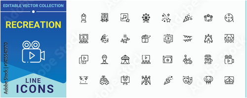 Recreation line icon set. Containing vacation, festival, activity, sport, celebration, holiday and more. Entertainment icon set. Minimal thin line web icons set. Vector illustration.