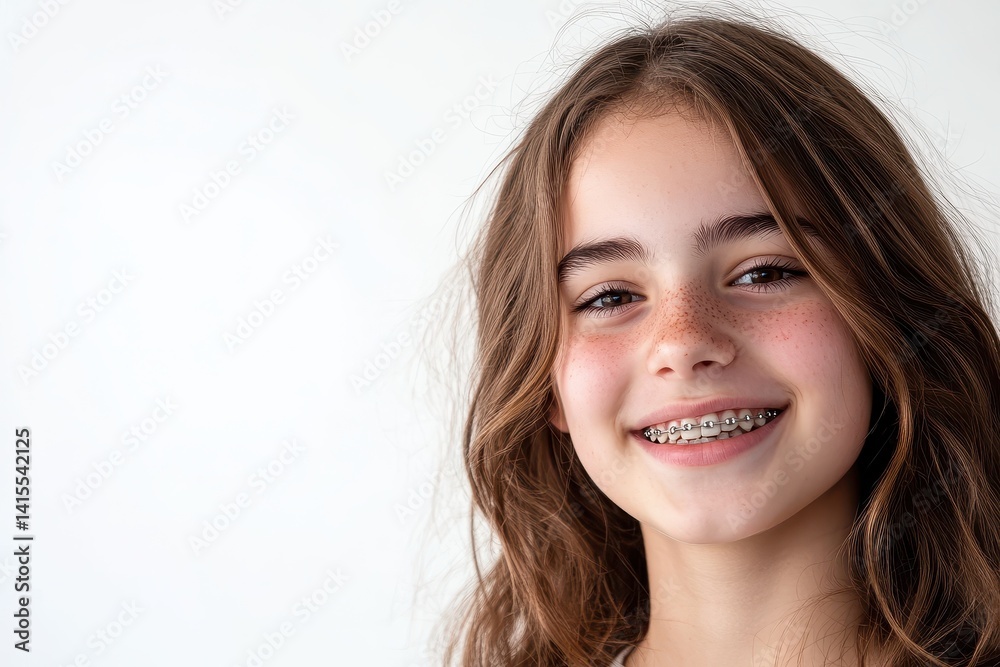 Naklejka premium Cheerful Teenage Girl with Braces Posing for a Studio Shot Against a Clean White Background