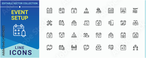 Event Setup line icon set. Contains such icons as catering, birthday, plan, meeting, wedding, event and more. Event Planning icon set. Trendy minimal icons. Editable stroke. Vector collection.