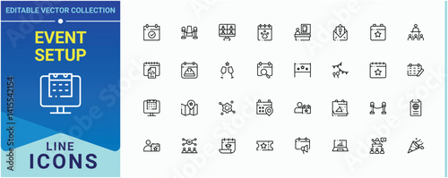 Event Setup line icon set. Contains such icons as catering, birthday, plan, meeting, wedding, event and more. Event Planning icon set. Trendy minimal icons. Editable stroke. Vector collection.