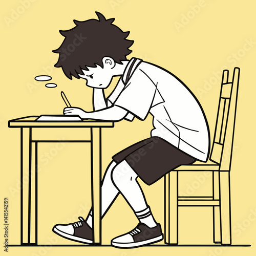 Cartoon illustration, student slumped over desk, exhausted pose