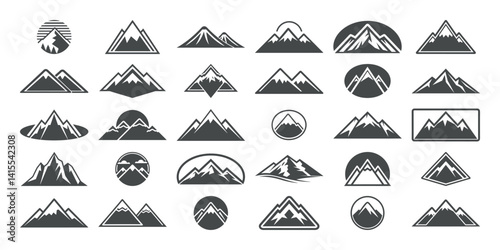 Various simple black mountain logos displayed in different geometric shapes with peaks and horizon designs in clean minimal style