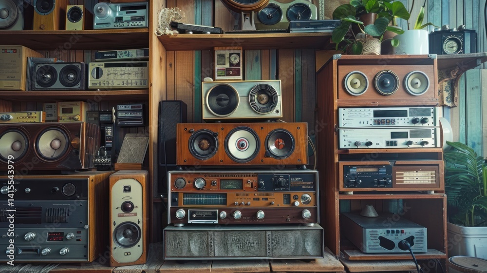 Fototapeta premium Vintage audio equipment collection on wooden shelves