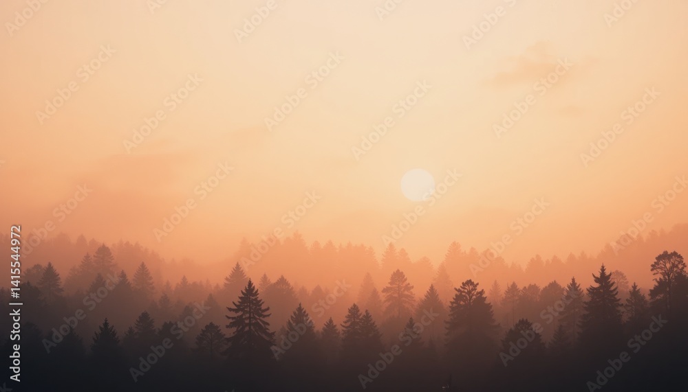 Obraz premium Serene sunrise over misty forest landscape nature photography tranquil environment aerial view atmospheric concept