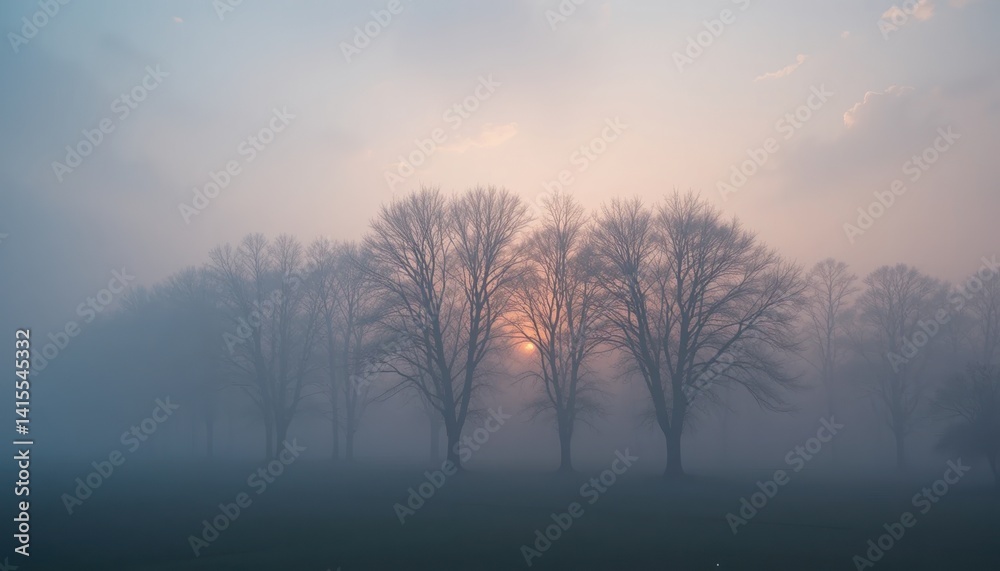 Fototapeta premium Misty sunrise over trees nature landscape foggy environment serene viewpoint tranquil concept