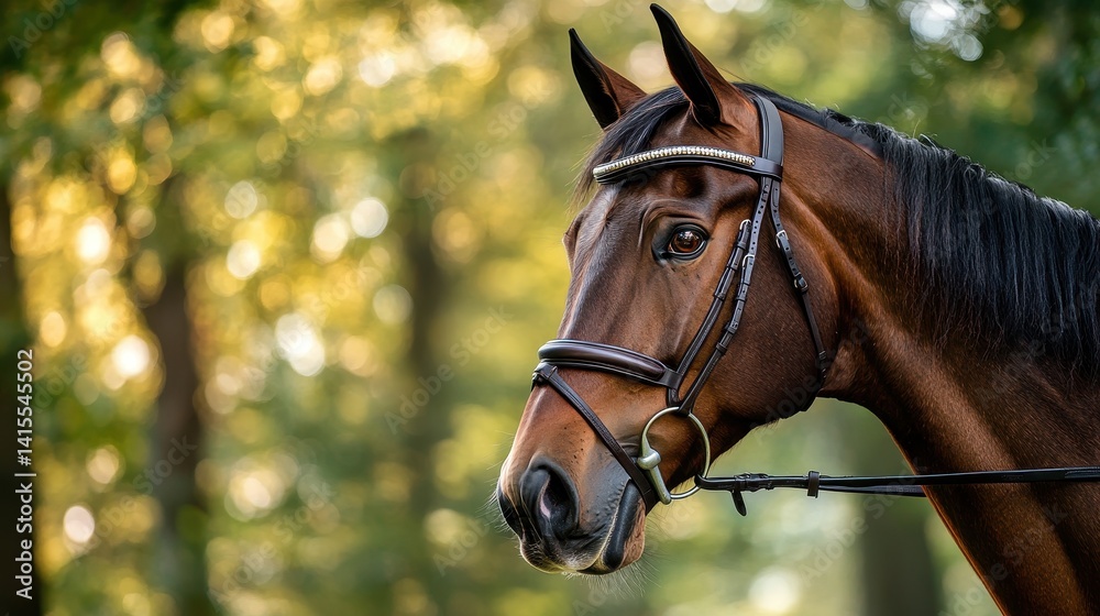 Obraz premium Brown Horse Wearing Blinders in a Summer Park: Equestrian Portrait of a Fast Animal
