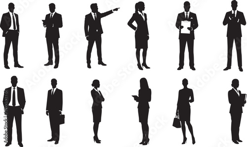 Flat Black Full Body Vector Silhouettes of Corporate Men and Women in Professional Poses Including Standing, Walking, Talking, Presenting, Pointing, Holding Briefcase, and More