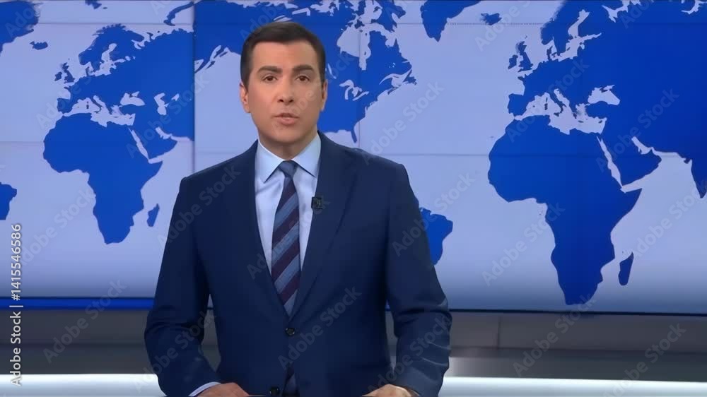 Newscaster presents global headlines with dynamic world map background Newscaster presents global headlines with dynamic world map background