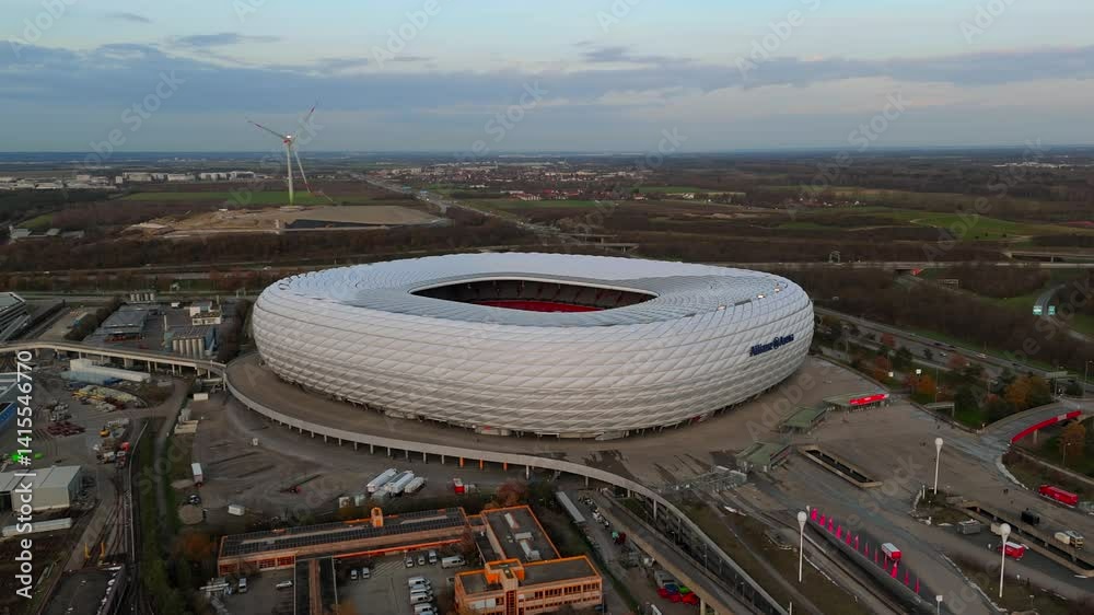 Allianz Arena Munchen Stadion in Frottmaning, Muenchen, Bayern Deutschland, Luftaufnahme im Herbst bei sonnigem Wetter. FC Bayern Munchen stadium aerial view in Munich, Germany. Munich Football Arena