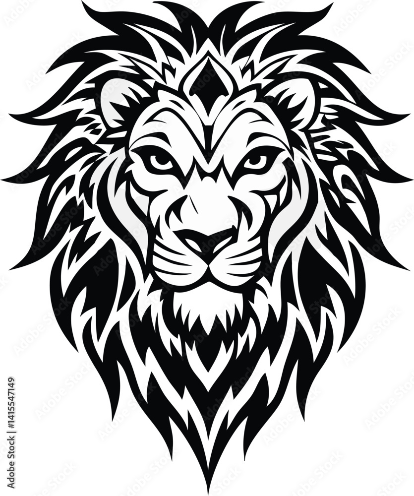 Obraz premium Stylized Tribal Lion Head Design Black and White Vector Illustration