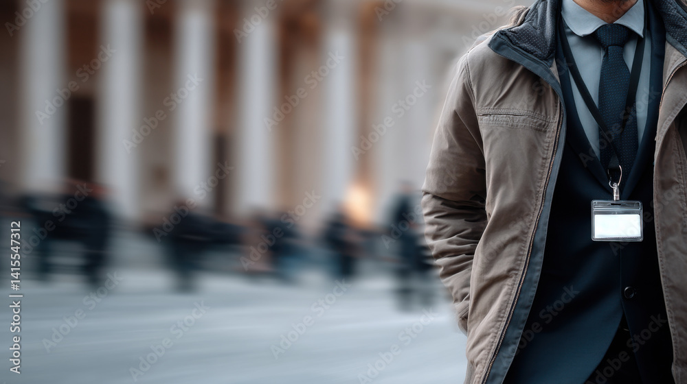 person in jacket and tie stands with ID badge, suggesting professional setting person in jacket and tie stands with ID badge, suggesting professional setting