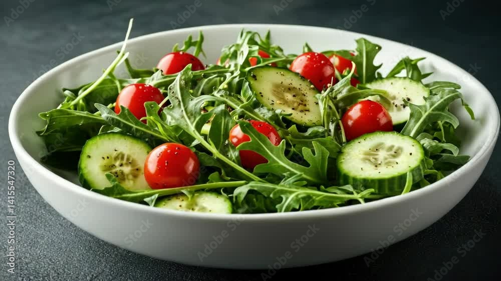 Vibrant vegetable salad in a sleek white bowl, featuring cucumber slices and cherry tomatoes over a bed of arugula leaves. Vibrant vegetable salad in a sleek white bowl, featuring cucumber slices and cherry tomatoes over a bed of arugula leaves.