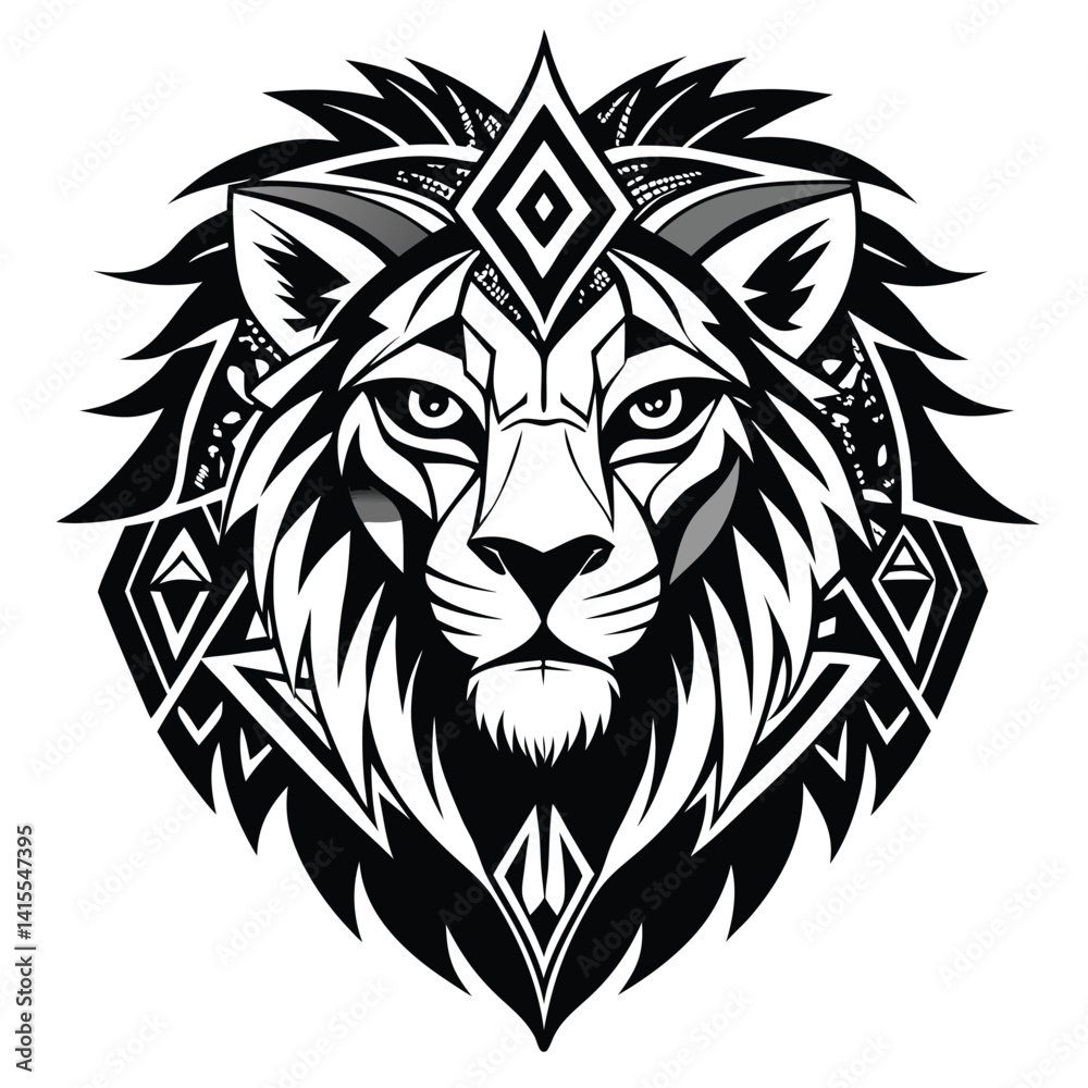 Fototapeta premium Geometric Tribal Lion Head Design Black and White Illustration