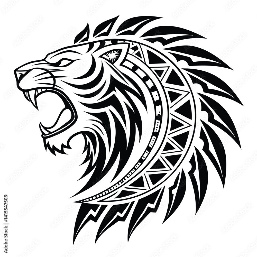Obraz premium Tribal Lion Head Design Roaring Profile Black and White Tattoo Art