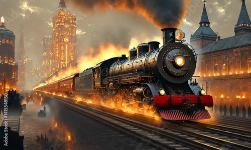 Vintage steam locomotive racing through a cityscape at dusk, with glowing buildings in the background