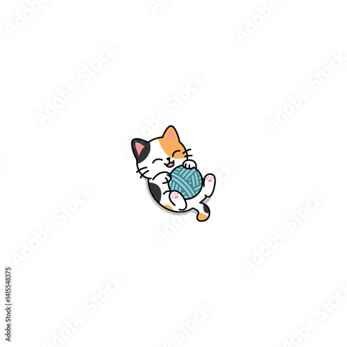 Cute calico cat three color playing with yarn cartoon, vector illustration