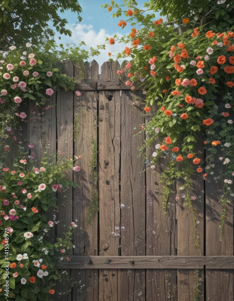 Fototapeta premium Overgrown wooden fence, climbing vines, blooming flowers, distressed wood , vintage, nature