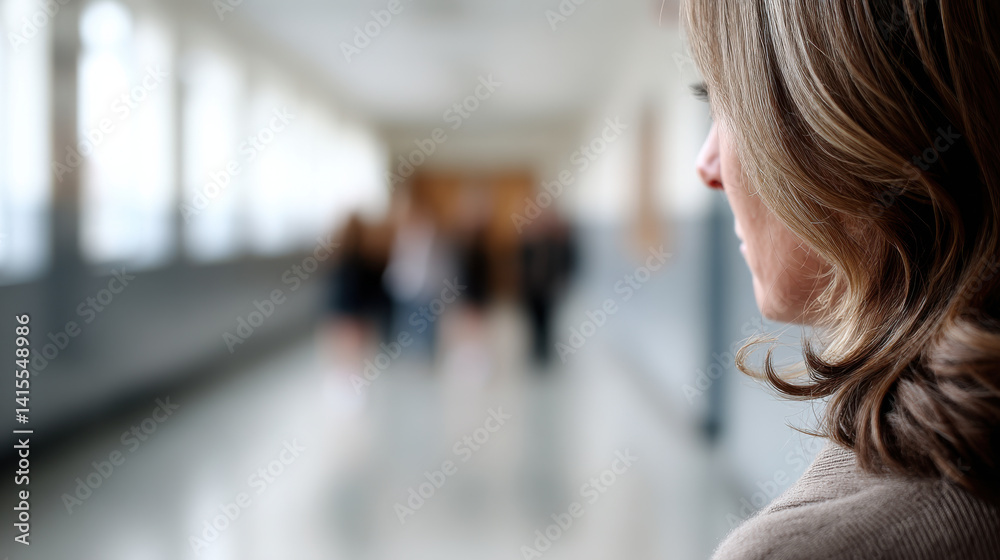 person stands in school corridor, observing students in distance. scene is softly focused.school corridor person stands in school corridor, observing students in distance. scene is softly focused.school corridor