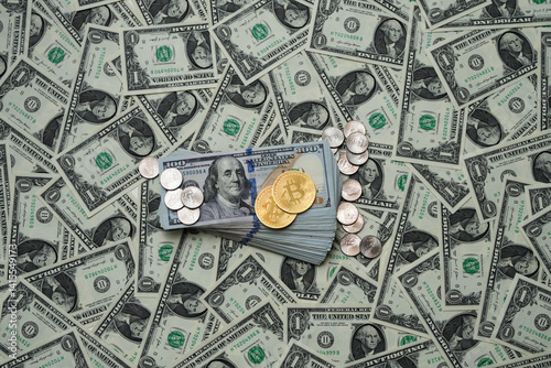 Obraz na płótnie Money dollars and saving finance. Bitcoin dollars and gold bar background. Saving money. Dollar bills and gold bars. Banknotes and gold. US dollars. American banking and savings. Saving storage money. w salonie