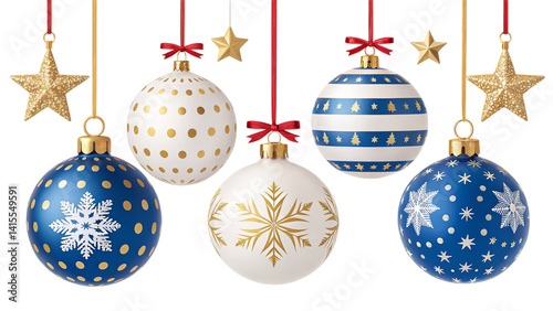 Elegant navy blue and gold Christmas ornaments hanging with sparkling stars, a festive winter celebration design.