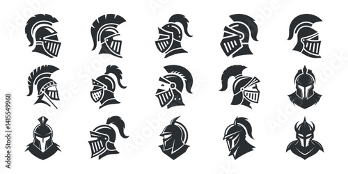 A set of knight head vector logo icons showing different helmet designs in bold black silhouette style