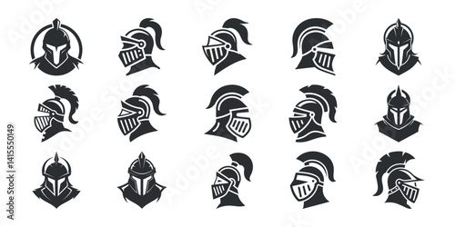 Set of knight head vector logo icons showing side and front views in detailed medieval armor designs