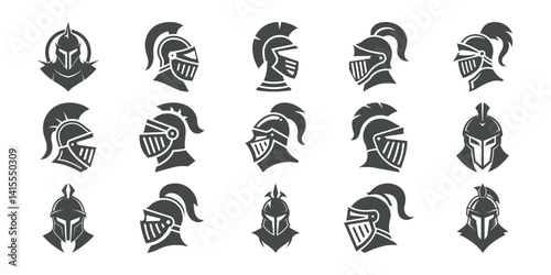 A set of knight head vector logo icons displayed in various helmet styles and armor designs in black silhouette