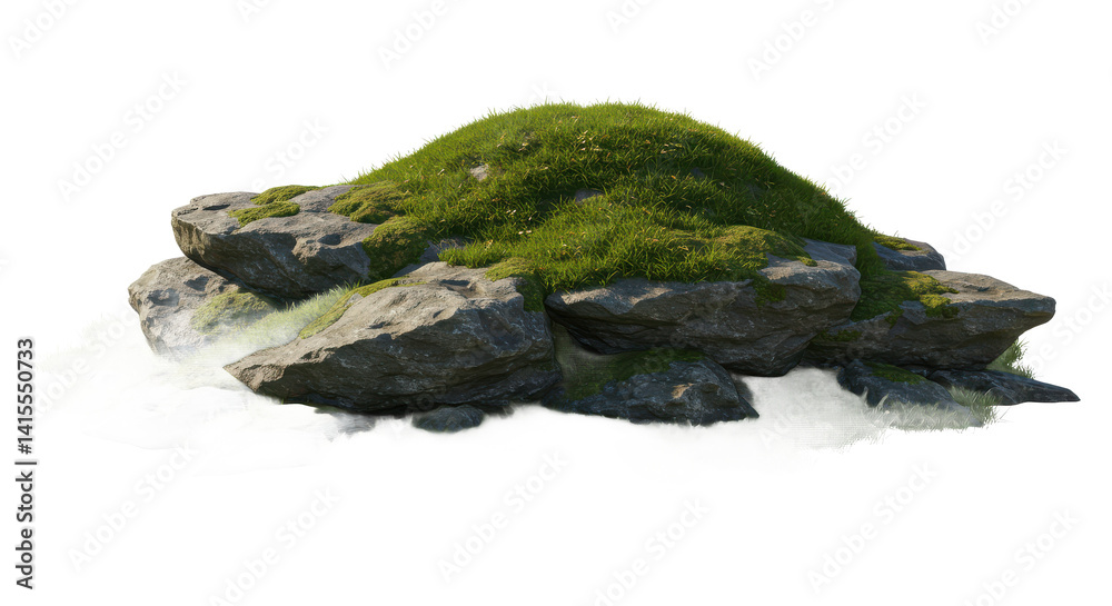 A rock formation covered in green grass and moss on a black background in natural sunlight view A rock formation covered in green grass and moss on a black background in natural sunlight view