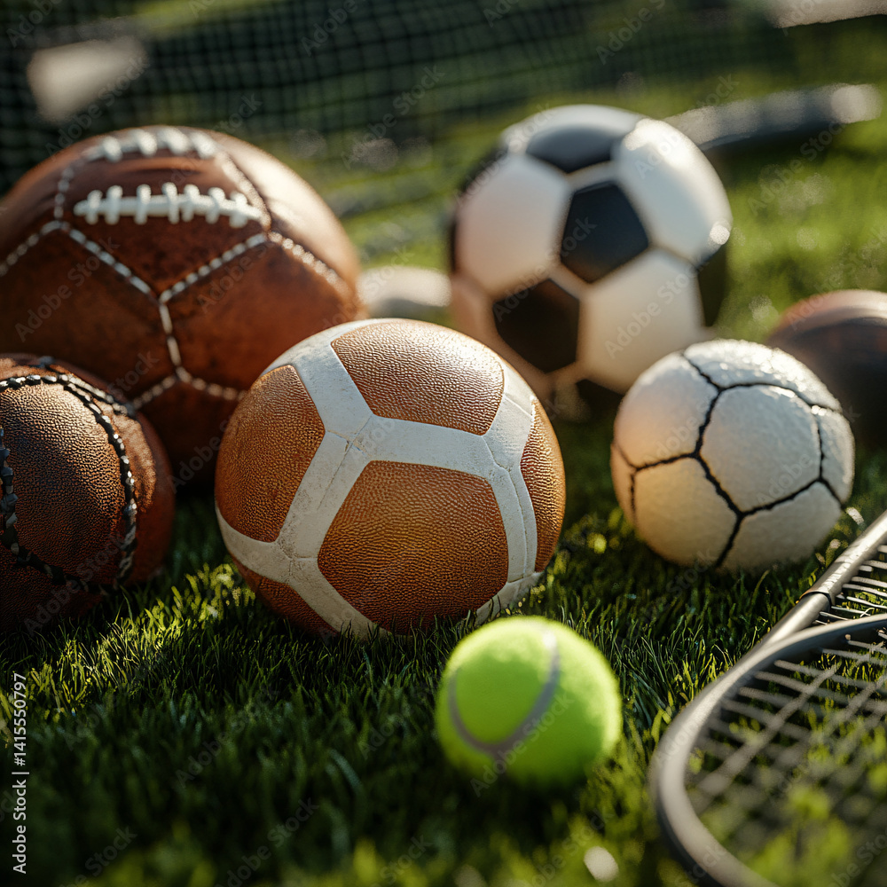 A collection of various sports balls rests on a lush green lawn, bathed in the warm glow of sunlight. The scene evokes a sense of leisure and friendly competition. A collection of various sports balls rests on a lush green lawn, bathed in the warm glow of sunlight. The scene evokes a sense of leisure and friendly competition.