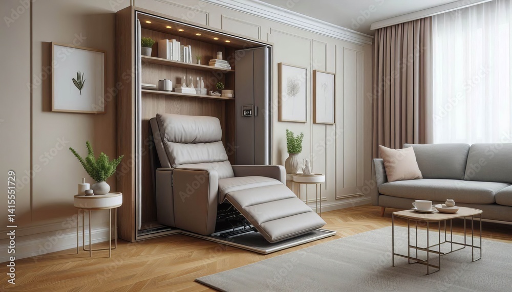 Fototapeta premium Comfortable armchair that folds up into a wall mounted cabinet f