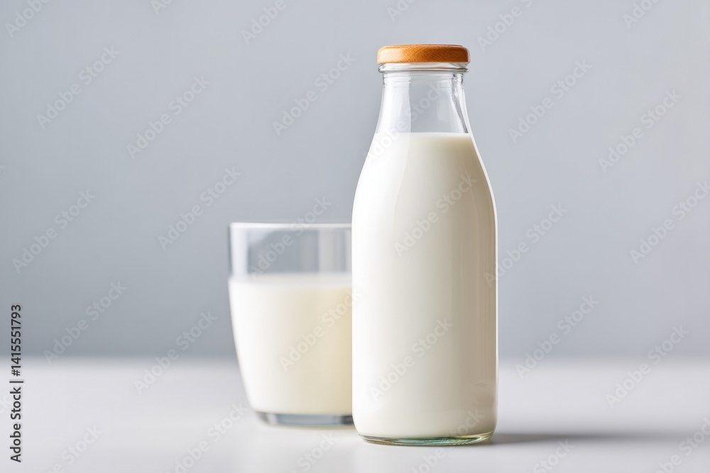 minimalistic still life of glass bottle of milk on white surface minimalistic still life of glass bottle of milk on white surface