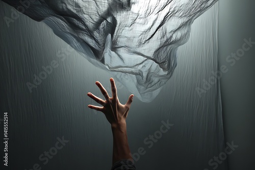 A lone hand reaches upward towards a soft, white fabric suspended in the air, casting ethereal shadows in a minimalist composition.