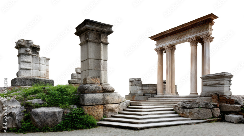 Naklejka premium Ancient Architecture: A majestic view of weathered stone structures, remnants of a bygone era, showcase classical architectural design. The scene exudes history, grandeur, and cultural significance.