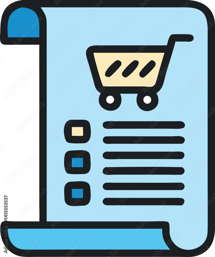 Shopping Cart on Light Blue With Checkboxes and Lines Over White