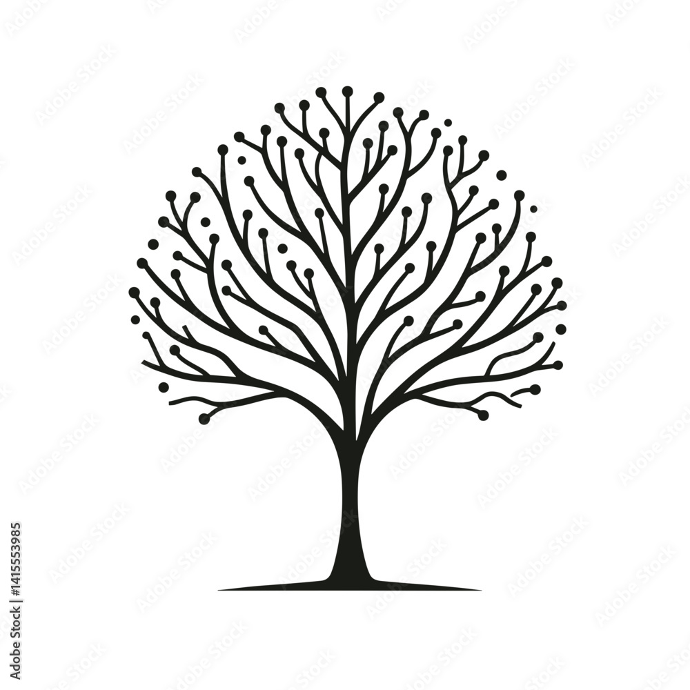 Naklejka premium Silhouette of a unique tree with branches and buds on a white background 