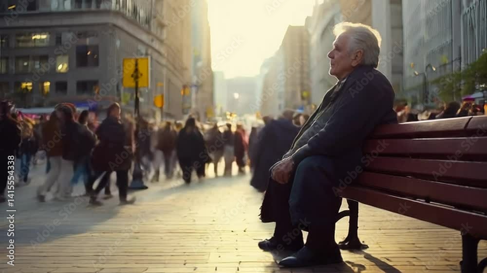 Pensive senior on bench, urban hustle in golden light, downtown cityscape.