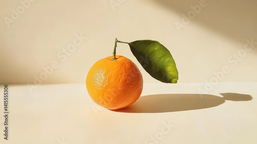 A fresh orange fruit with green leaf and stem stands alone