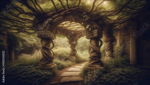 Ancient Arbor in a Hidden Garden A weathered stone arbor entwine
