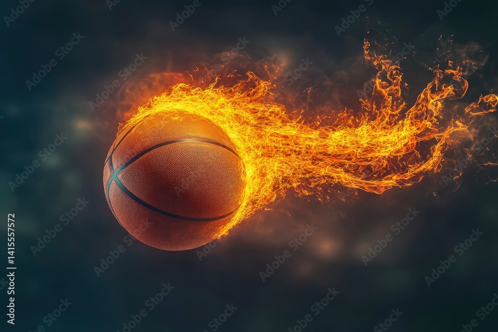 Fototapeta premium A dynamic basketball in motion with fiery trails, set against a dark, dramatic background