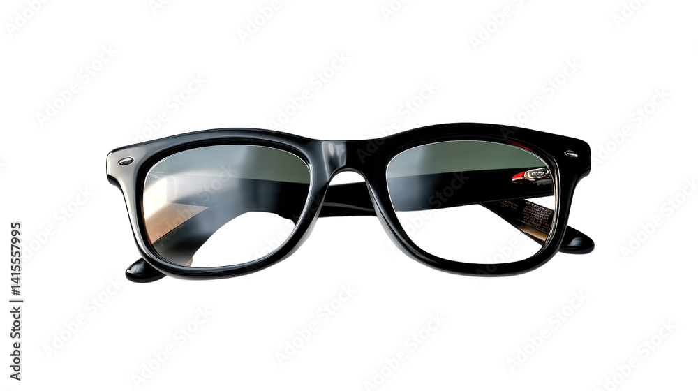 Fototapeta premium Stylish Sunglasses in Focus: An eye-level shot captures a pair of sleek, black-framed sunglasses, offering a classic, elegant look and perfect eye protection.