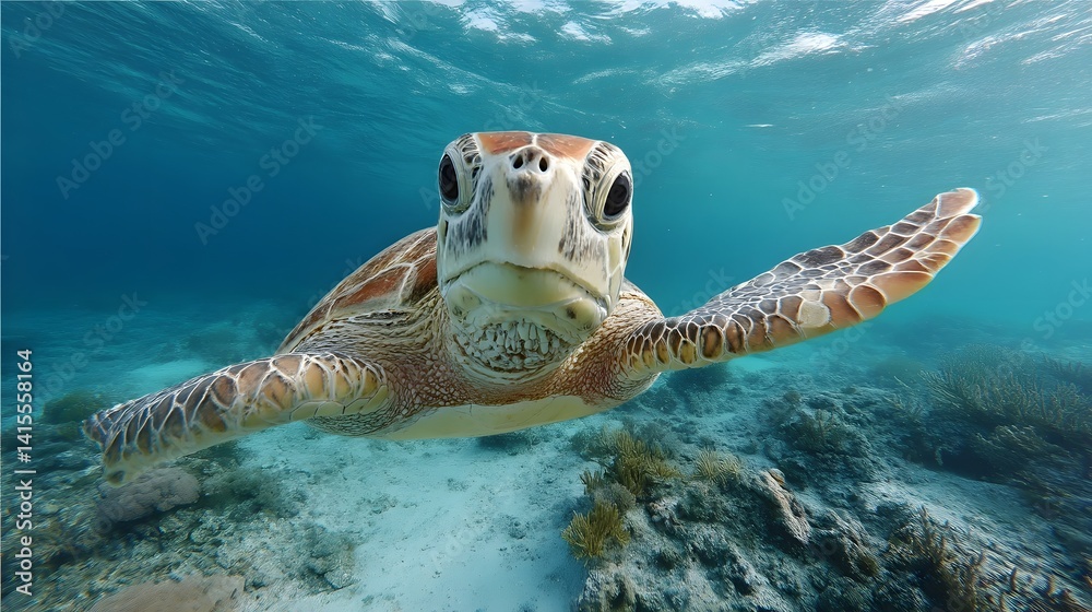 Obraz premium A close up shot of a majestic sea turtle extending its neck swimming gracefully through the vibrant underwater coral reef ecosystem