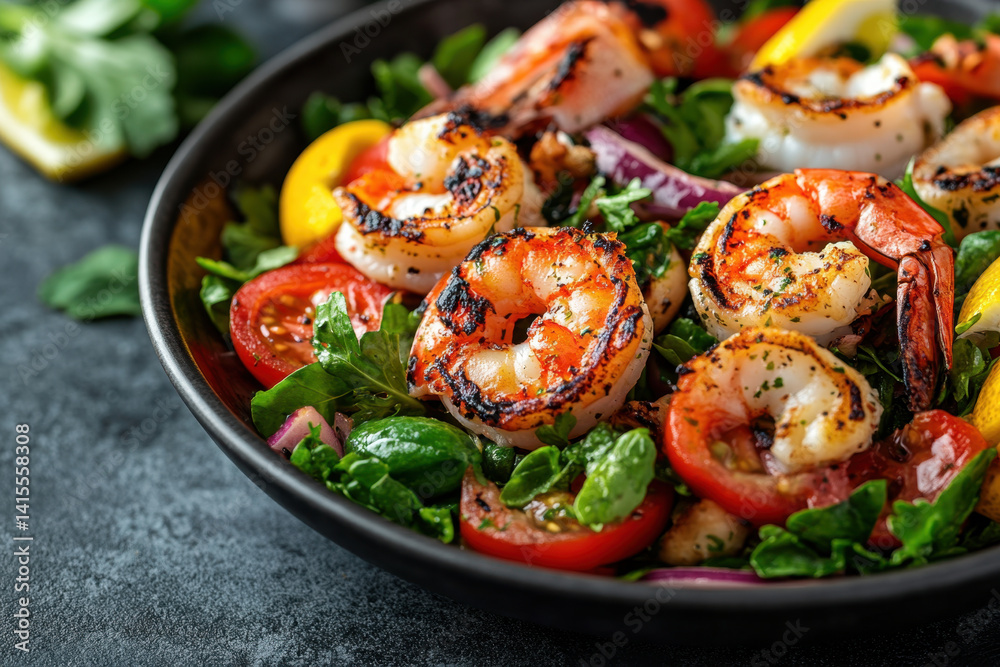 Grilled shrimp salad with tomatoes and onions, served on a white plate, garnished with fresh herbs, drizzled with tangy vinaigrette dressing. Grilled shrimp salad with tomatoes and onions, served on a white plate, garnished with fresh herbs, drizzled with tangy vinaigrette dressing.