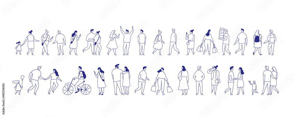 City People Crowd. Line art people big bundle isolated on white. Hand drawn People vector set. Male and female flat characters set