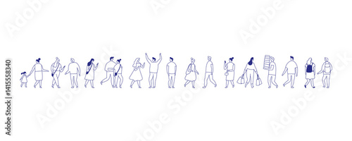 Panoramic line art crowd of city people. Hand drawn vector set of men and women in urban lifestyle poses, ideal for website banners, presentations, infographics, and editorial design