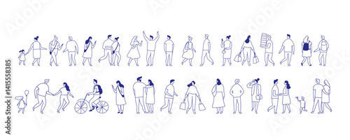 Obraz na płótnie City People Crowd. Line art people big bundle isolated on white. Hand drawn People vector set. Male and female flat characters set w salonie
