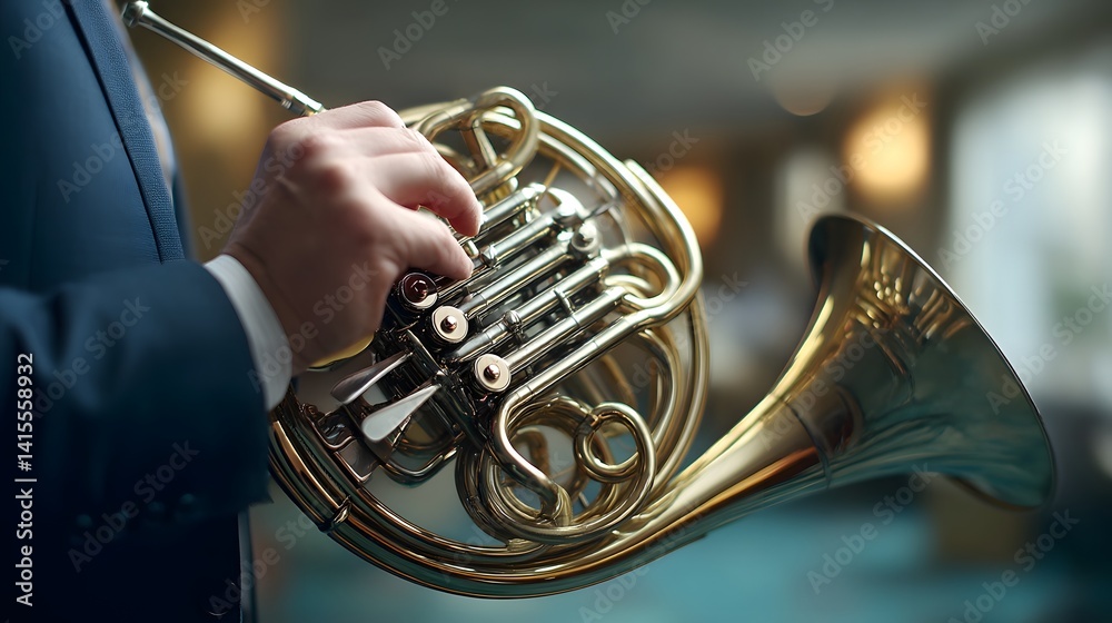 Obraz premium A close up view of a person s hands pressing the valves of a shiny metallic French horn capturing the intricate motions and skill required to play this classical brass instrument