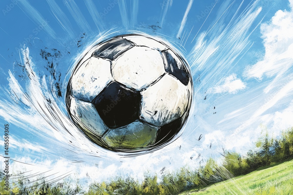 Naklejka premium Dynamic soccer ball soaring through a clear blue sky above a vibrant green field, capturing action