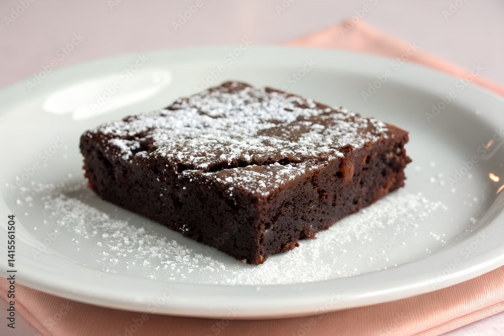 A chocolate brownie with a dusting of powdered sugar on a white plate, isolated on soft pastel background A chocolate brownie with a dusting of powdered sugar on a white plate, isolated on soft pastel background